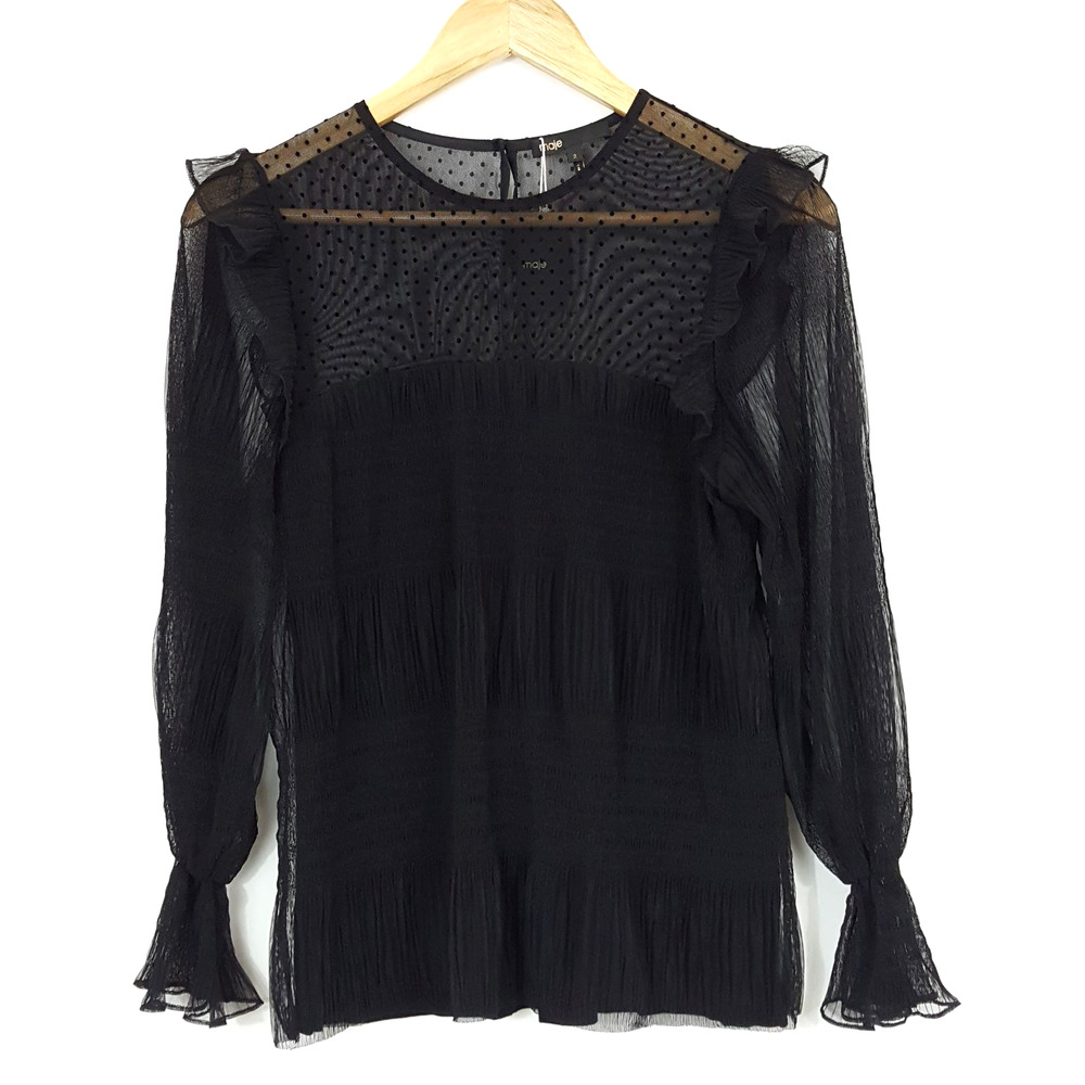 Maje NWT Black Swiss Dot Ruffle Long Sleeve Sheer Blouse Women's Medium